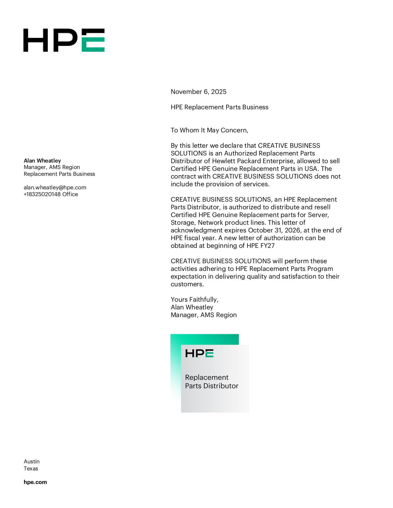 Genuine Replacement Parts Certificate